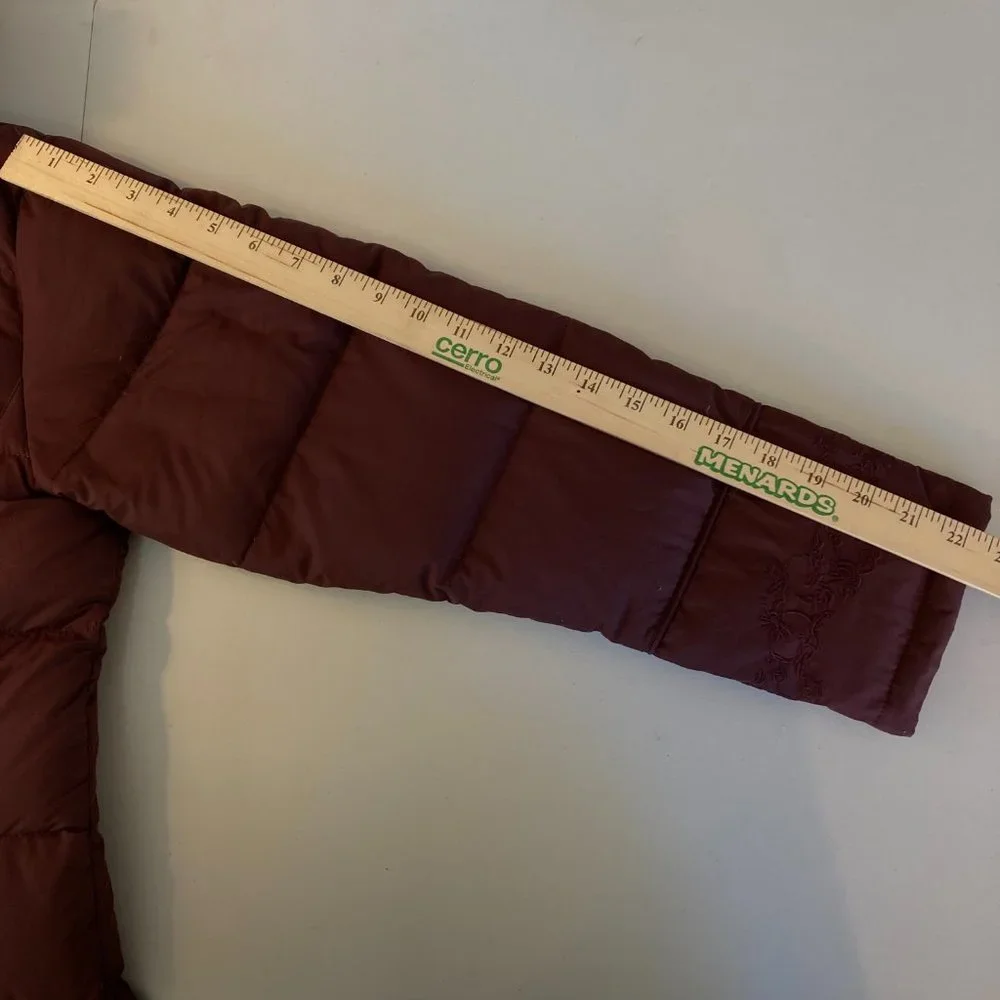Down Puffer Jacket  Maroon Burgundy Embroidered Coat with Fur Trim - Picture 11 of 15